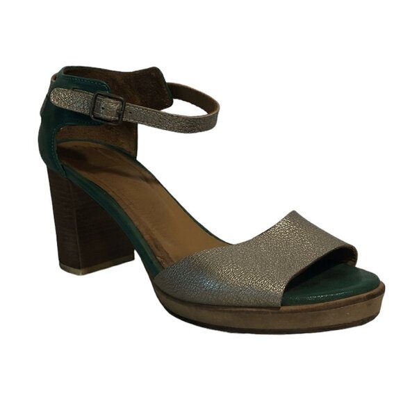 KUPURI Heels Women's Size US7.5 Green Silver Anthropologie Peep Toe Slingback - Picture 2 of 14